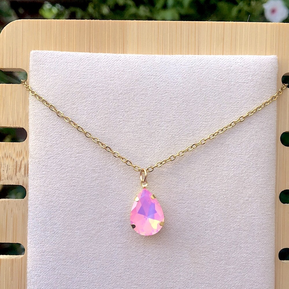Pink Opal Aurora Borealis Pear Teardrop Crystal Pendant Necklace - Picture 14 of 14
